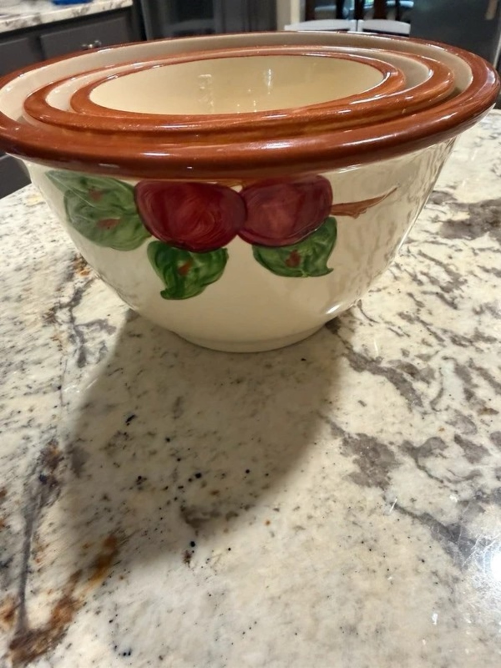 Cream Ceramic Nesting Bowls with Red Trim and Fruit Motif